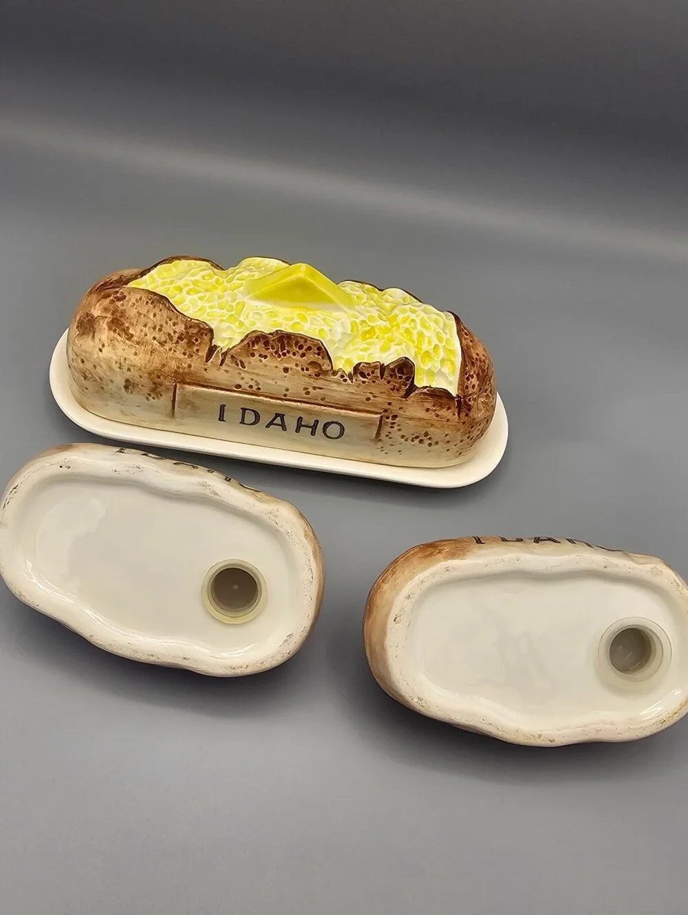 Vintage Idaho Baked Potato Ceramic Salt and Pepper Shakers with Butter Dish